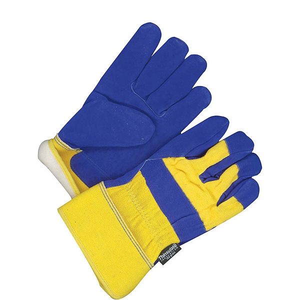 Bdg Leather Gloves, Cowhide, Safety Cuff, Wing Thumb, Full Finger, Blue / Yellow, XL, 1 PR - 30-9-473TFL-XL