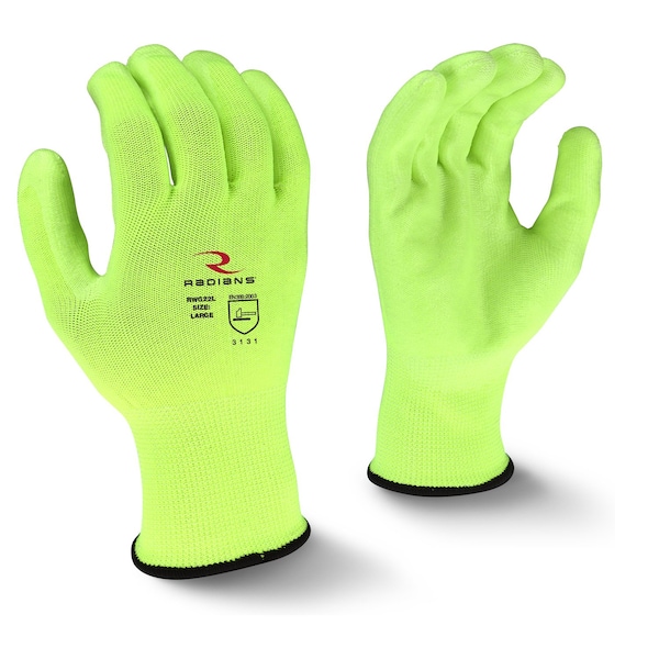 Radians Hi-Vis Coated Gloves, Polyurethane, Palm, Not Rated Abrasion Level, Hi-Vis Yellow, M - RWG22M