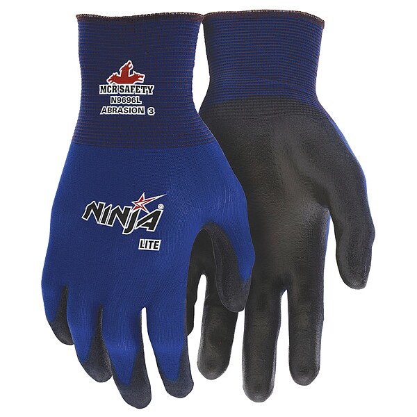 Mcr Safety Coated Gloves, Polyurethane, Palm, Not Rated Abrasion Level, Black/Blue, L 12 PK - N9696L
