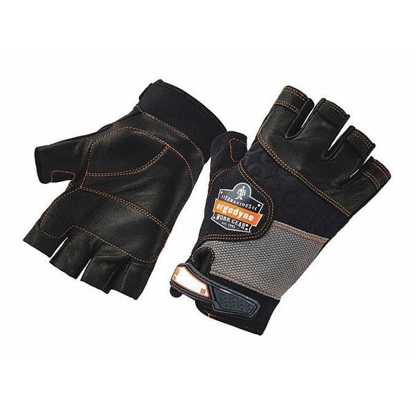 Proflex By Ergodyne Half Finger Mechanics Impact Gloves, Genuine Leather Palm, S, Black - 901