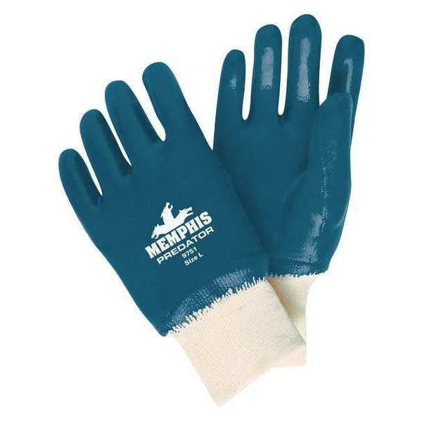 Mcr Safety Coated Gloves, Nitrile, Smooth, Full, 0 Abrasion Level, Blue, L 1 PR - 9751