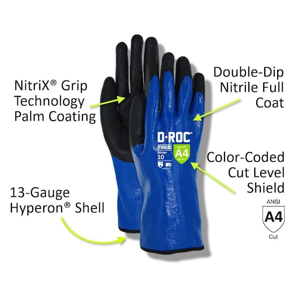 Magid Cut-Resistant and Chemical Resistant Coated Gloves, Cut Level A4 , Flat Nitrile/Sandy Nitrile , 10 - GPD484-10