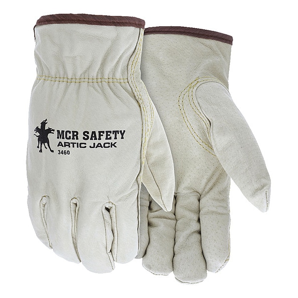 Mcr Safety Leather Gloves, Grain Pigskin Leather Palm, Shirred Slip-On Cuff, Beige, 12 PK - 3460L