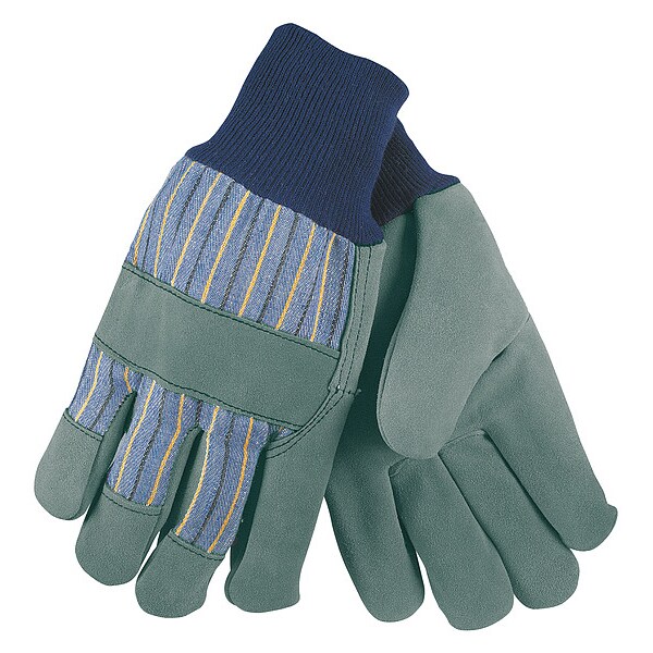 Mcr Safety Leather Gloves, Leather, Knit Cuff, Wing Thumb, Full Finger, Blue/Gray, L, 12 PK - 1420A