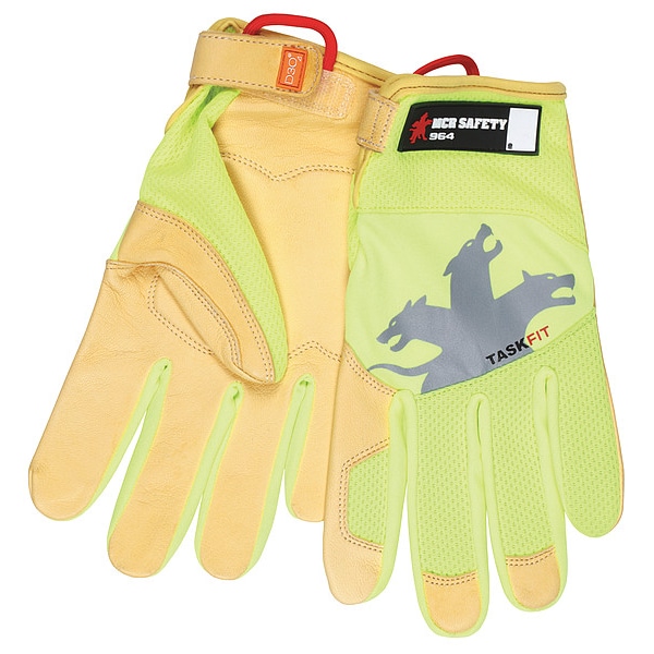 Mcr Safety 964 Mechanics Gloves, Goatskin Palm, SpandexÂ® Back, 2XL, Gold/Green/High-Visibility Lime - 964XXL