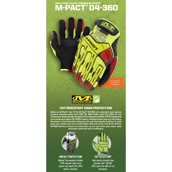 Mechanix Wear Hi-Viz M-Pact(R) D4-360 Hi-Vis Cut Resistant Impact Gloves, Synthetic Leather Palm, 9 - SMP-X91-009