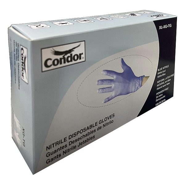 Condor Not Applicable, Disposable Gloves, 4 mil Palm, Nitrile, Powder-Free, XL, 100 PK, Blue - 819MH1
