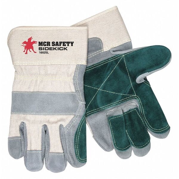 Mcr Safety Leather Gloves, Cotton Canvas, Safety Cuff, Wing Thumb, Gray and Green Palm, Natural Back, L, 12 PK - 16025L