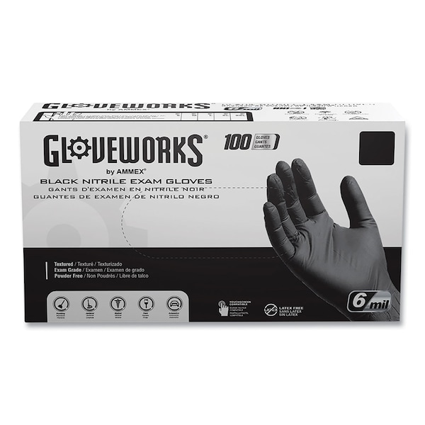 Gloveworks By Ammex Disposable Gloves, 6 mil Palm, Nitrile, Powder-Free, L, 1000 PK, Black - GWBEN46100