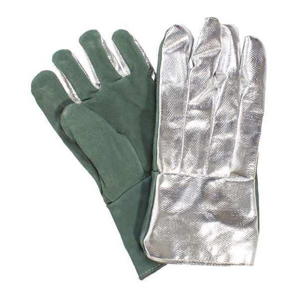 National Safety Apparel Thermal Gloves, Leather/Rayon, 395  Degrees F Max Temp., Gauntlet Cuff Silver/Green, Universal - G51MLLW00214