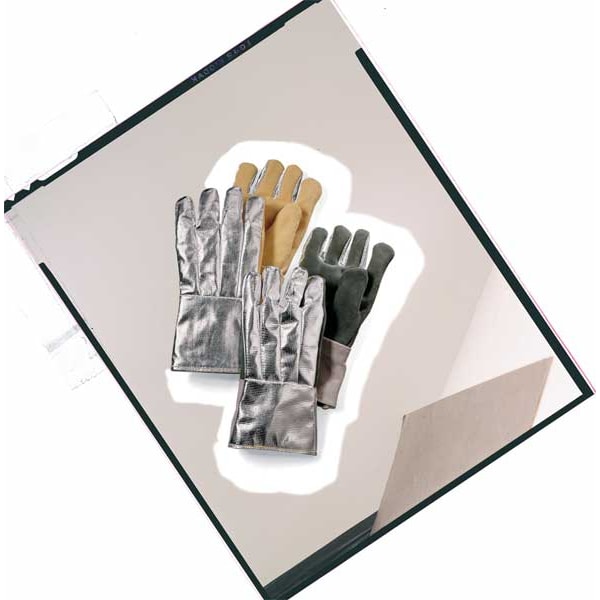 National Safety Apparel Thermal Gloves, Leather/Rayon, 395  Degrees F Max Temp., Gauntlet Cuff Silver/Green, Universal - G51MLLW00214