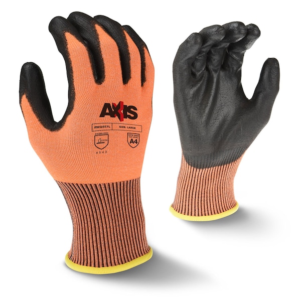 Radians Cut-Resistant Coated Gloves, AXIS Series, A4 Cut Level, 13 ga, Hi-Vis Orange, L - RWG557L