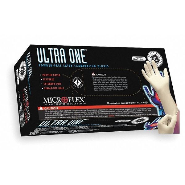 Ansell Ultra One, Latex Exam Gloves, 9.8 mil Palm, Extended Cuff, Latex, Powder-Free, L, 50 PK, Beige - UL-315-L
