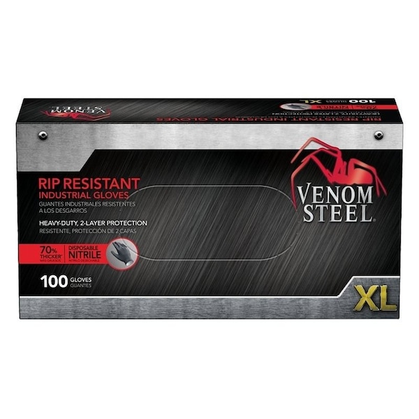 Venom Steel 614N, Disposable Gloves, 6 mil Palm, Nitrile, Powder-Free, XL, Black - VEN6144N