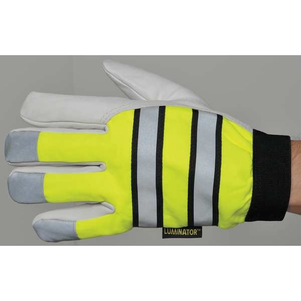 Mcr Safety Hi-Vis Cold Protection Mechanics Gloves, Grain Goatskin Palm, Hook-and-Loop Cuff, Black/Lime/White - 968L