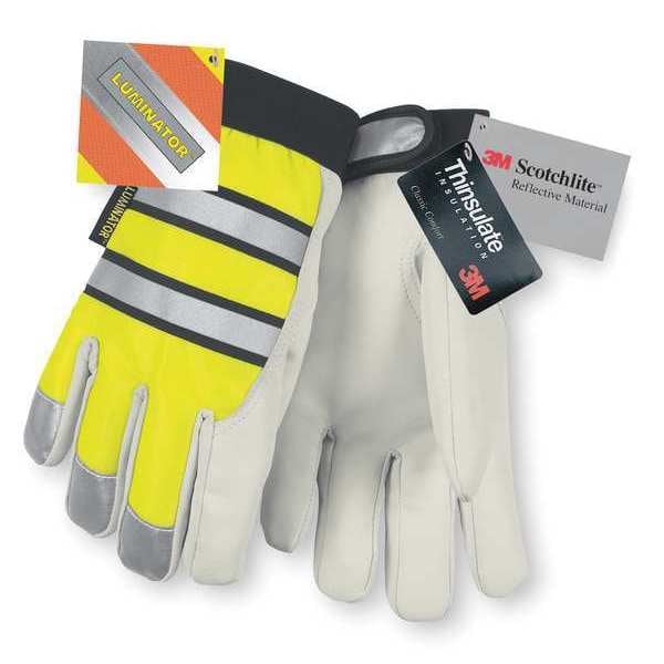 Mcr Safety Hi-Vis Cold Protection Mechanics Gloves, Grain Goatskin Palm, Hook-and-Loop Cuff, Black/Lime/White - 968L