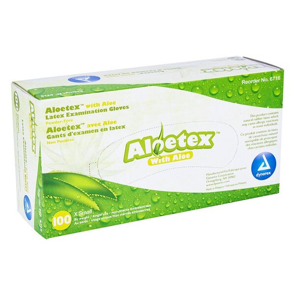 Dynarex Green Aloetex Latex Exam Gloves, Soothing Aloe, Powder Free, Ambidextrous, X-small, 100PK - 6716