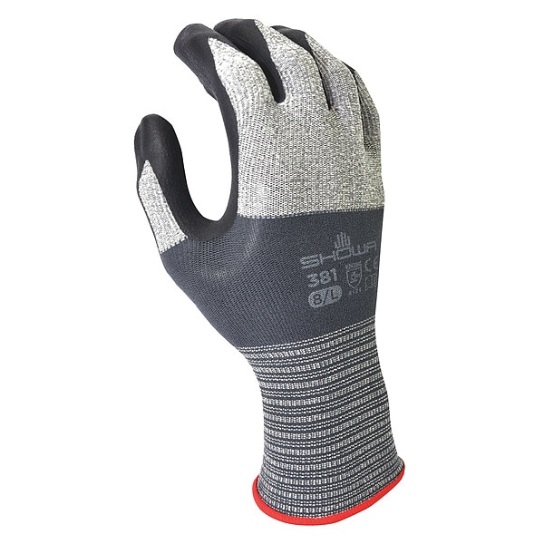 Showa Coated Gloves, Nitrile, Smooth, Palm and Fingers, Not Rated Abrasion Level, Black/Gray, L (8) 1 PR - 381L-08-V