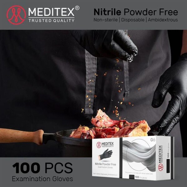 Meditex G6, Disposable Gloves, 4 mil Palm, Nitrile, Powder-Free, L, 200 PK, Black - MD-BL-G6-L