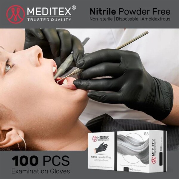 Meditex G6, Disposable Gloves, 4 mil Palm, Nitrile, Powder-Free, L, 200 PK, Black - MD-BL-G6-L