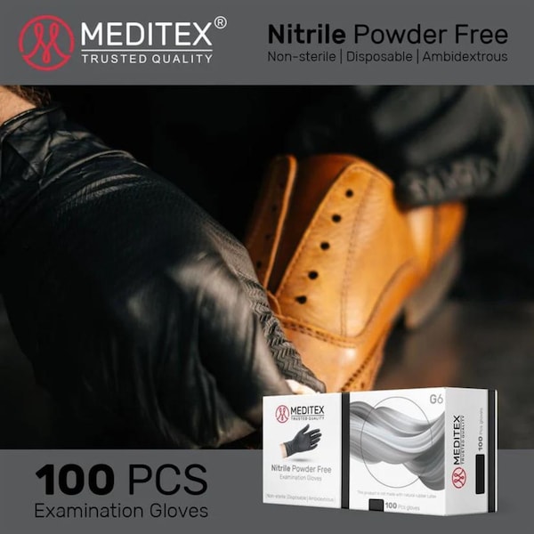 Meditex G6, Disposable Gloves, 4 mil Palm, Nitrile, Powder-Free, L, 200 PK, Black - MD-BL-G6-L
