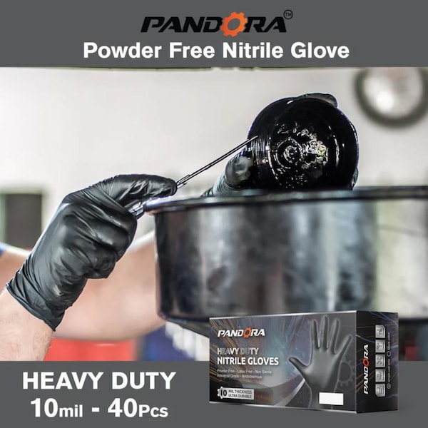 Pandora Disposable Gloves, 10 mil Palm, Nitrile, Powder-Free, L, 40 PK, Black - HM2021831003-BK-L