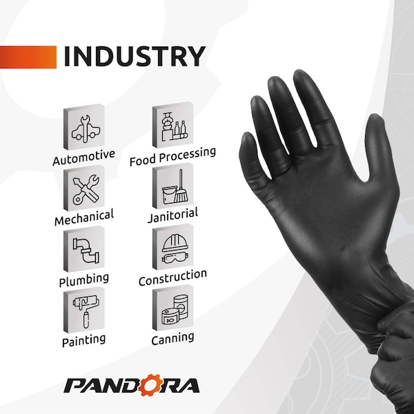Pandora Disposable Gloves, 10 mil Palm, Nitrile, Powder-Free, L, 40 PK, Black - HM2021831003-BK-L