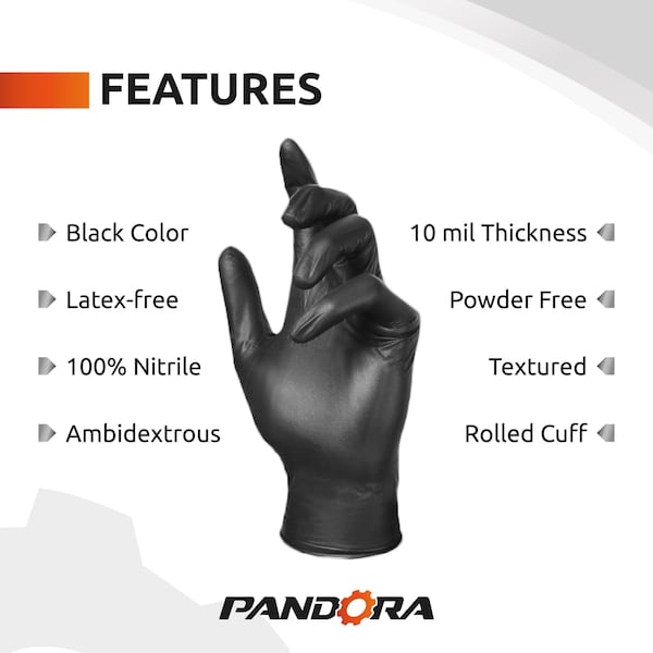 Pandora Disposable Gloves, 10 mil Palm, Nitrile, Powder-Free, L, 40 PK, Black - HM2021831003-BK-L