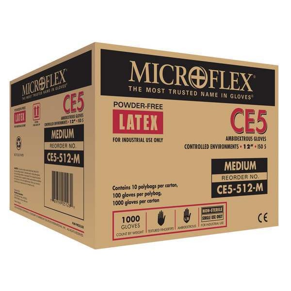Ansell Cleanroom Gloves, 5 ISO Class, Latex, 11 1/2 in L, 5.1 mil, Beige, XL, 1000 PK - CE5-512