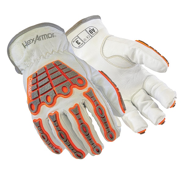Hexarmor Leather Drivers Gloves, Shirred Slip-On Cuff, Keystone Thumb, White / White/Orange, L, 1 PR - 4069-L (9)