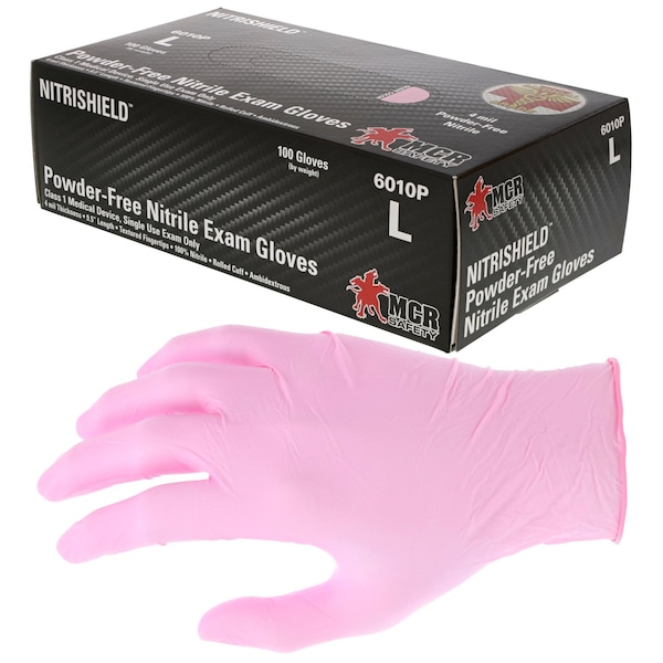 Mcr Safety NitriShield, Disposable Gloves, 4.5 mil Palm, Nitrile, Powder-Free, S, 1000 PK, Pink - 6010PS