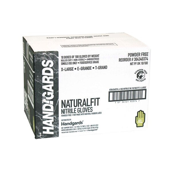 Handgards NaturalFit, Disposable Gloves, Nitrile, Powder-Free, XL, 1000 PK, Black - 304340374