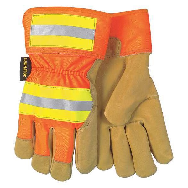 Mcr Safety Leather Gloves, Pigskin, Safety Cuff, Wing Thumb, Full Finger, Gold, HiVis Orange and Yellow, XL - 19251XL