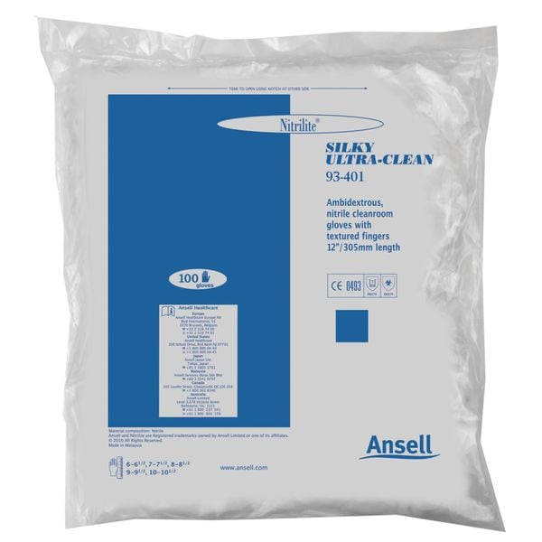 Nitrilite Cleanroom Gloves, 5 ISO Class, Nitrile, 12 in L, 5 mil, Off-White, L, 100 PK - 93-401