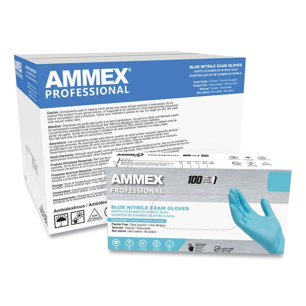 Ammex Professional Disposable Gloves, 3 mil Palm, Nitrile, Powder-Free, M, 1000 PK, Light Blue - APFN44100