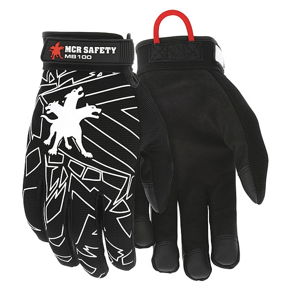 Mcr Safety Leather Palm Gloves, Spandex(R), Synthetic Leather, Hook-and-Loop Cuff, Full Finger, Black, L, 1 PR - MB100L