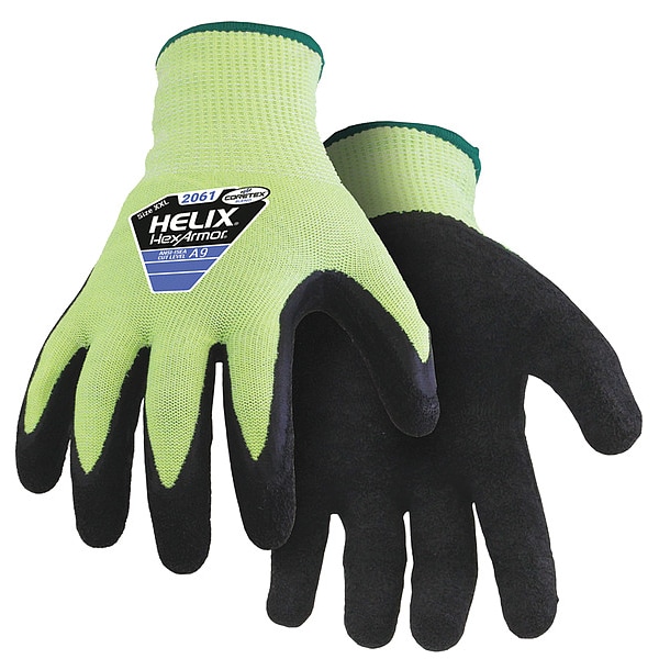 Hexarmor Hi-Vis Cut Resistant Coated Gloves, Cut Level A9 , Dipped , Natural Rubber Latex , Crinkled , L 1 PR - 2061-L (9)