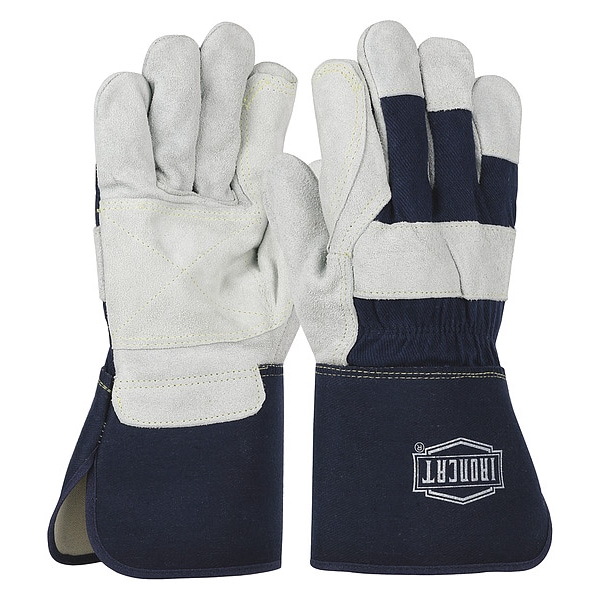Ironcat Leather Gloves, Cowhide, Gauntlet Cuff, Wing Thumb, Full Finger, Blue, L, 12 PK - IC8DP