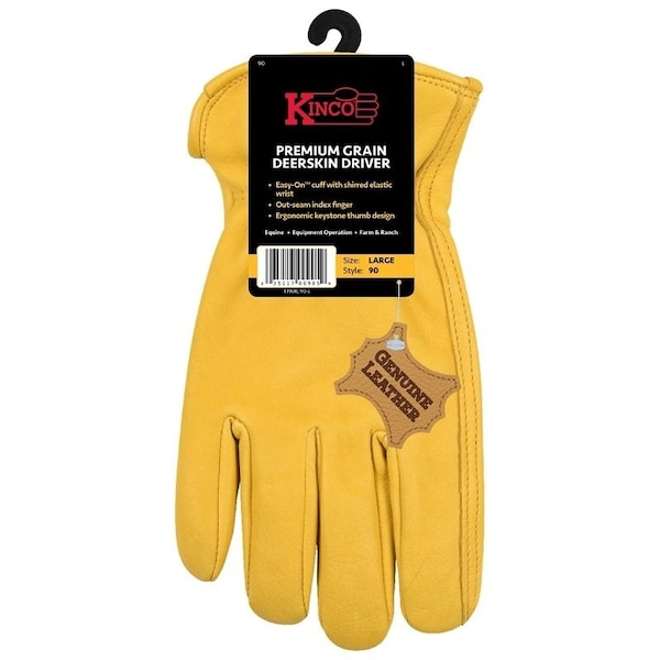 Kinco Driver Gloves, Men's, XL, Keystone Thumb, EasyOn Cuff, Deerskin Leather, Gold - 90-XL