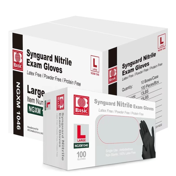 Basic Disposable Gloves, 4 mil Palm, Nitrile, Powder-Free, L, 1000 PK, Black - BLK4NITRILELC