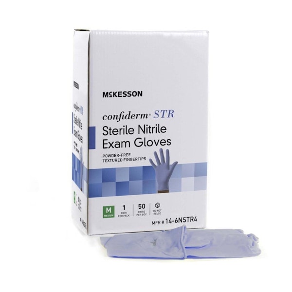 Mckesson Confiderm STR, Disposable Gloves, Nitrile, Powder-Free, M, 50 PK, Blue - 14-6NSTR4