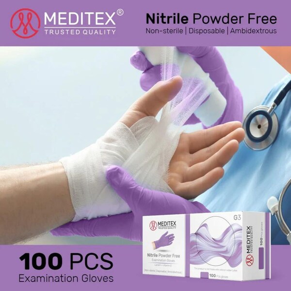 Meditex G3, Disposable Gloves, 4 mil Palm, Nitrile, Powder-Free, M, 200 PK, Purple - MD-VIN-G3-M