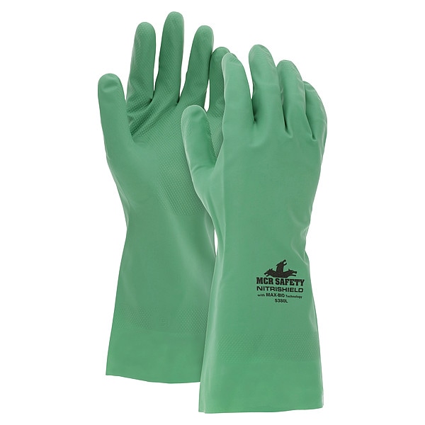 Mcr Safety NitriShield Chemical Resistant Gloves, Nitrile, 12 in L, 8 mil, Green, XXL, 12 PK - 5380XXL