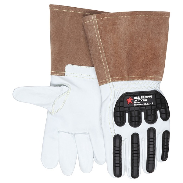 Mcr Safety Leather Drivers Gloves, Gauntlet, White / White/Brown, 12 PK - 48406L