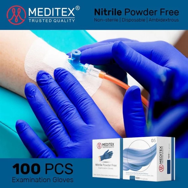 Meditex G5, Disposable Gloves, 4 mil Palm, Nitrile, Powder-Free, M, 200 PK, Dark Blue - MD-BLU-G5-M