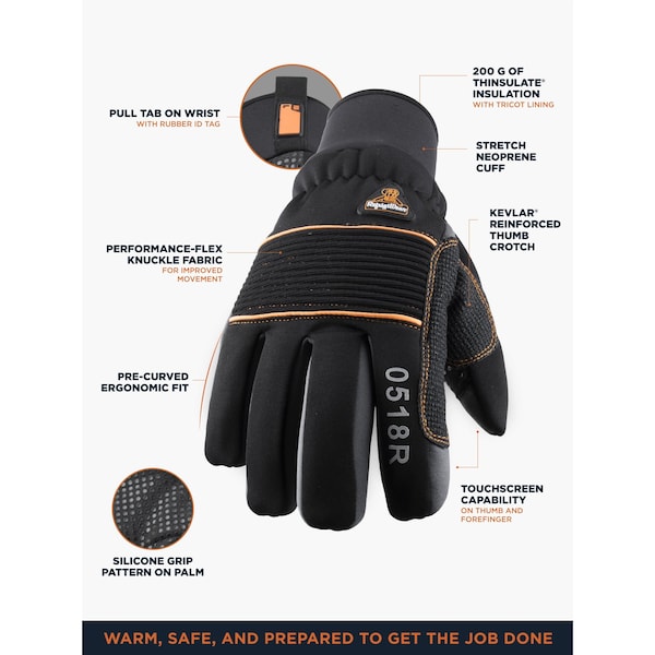 Refrigiwear Cold Protection Gloves, Synthetic Leather Palm, Tricot Lining, Black, L - 0518RBLKLAR