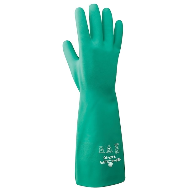 Showa Chemical Resistant Gloves, Nitrile, 19 in L, Green, 1 PR - 747-09