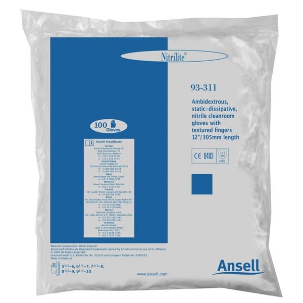 Nitrilite Cleanroom Gloves, 5 ISO Class, Nitrile, 12 in L, 5 mil, White, L, 100 PK - 93-311