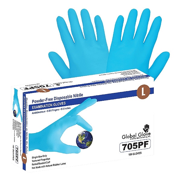 Global Glove & Safety Disposable Gloves, 5 mil Palm, Nitrile, Powder-Free, XL, 100 PK, Blue - 705PF-XL