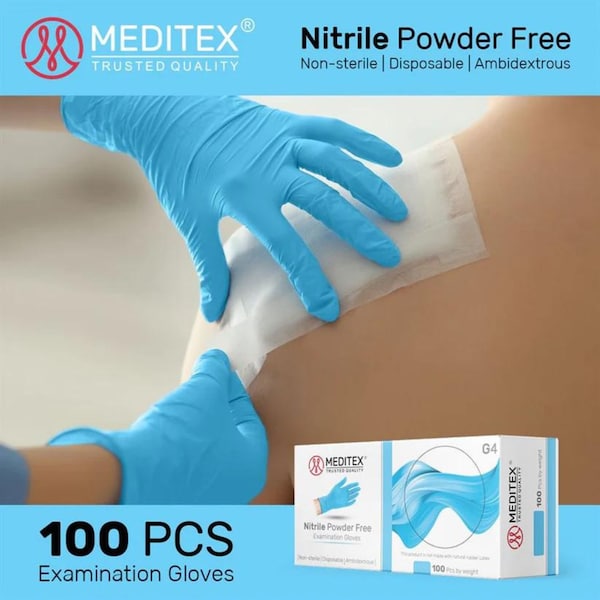 Meditex G4, Disposable Gloves, 4 mil Palm, Nitrile, Powder-Free, M, 200 PK, Blue - MD-BLU-G4-M